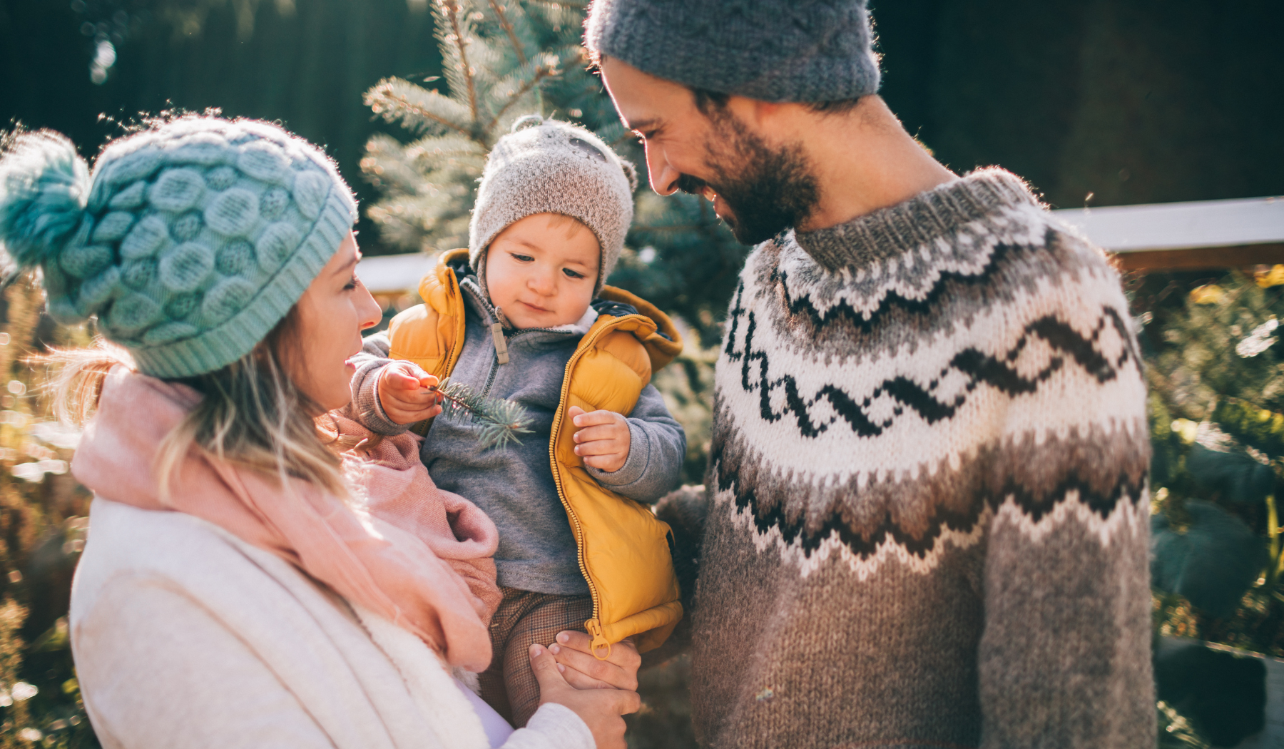 Family outside looking at Pine trees 